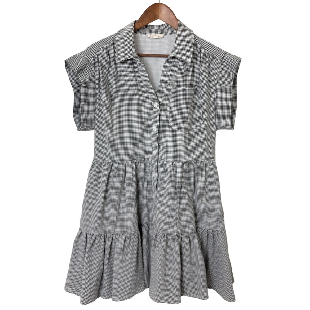 Elan Gingham Mini Dress Womens Small Black White Tiered Babydoll Barn Festival